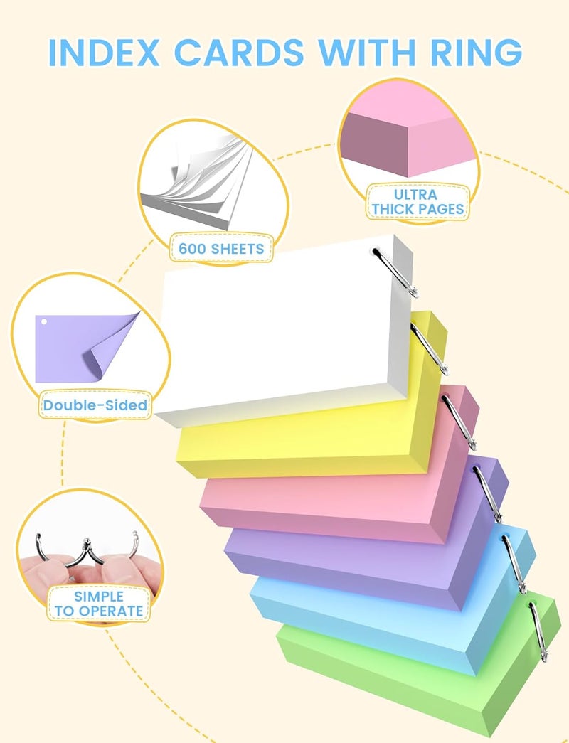 AIFLYAN Blank Index Cards with Ring, 600PCS Blank Notecards 3 x 5 Flashcards for Studying，Unruled Flash Note Cards 3 x 5'' Unlined Index Cards Bulk for College Nursing School Supplies,12 Pack of 100, Colored - Image 3